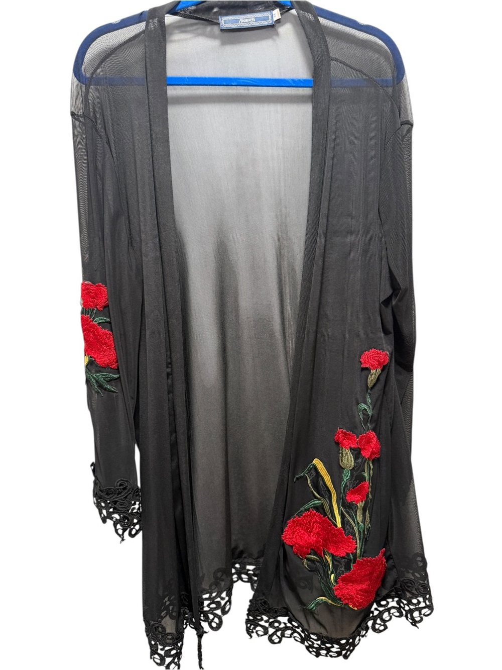 Black Sheer Embroidered Floral Kimono Robe with Red Accents